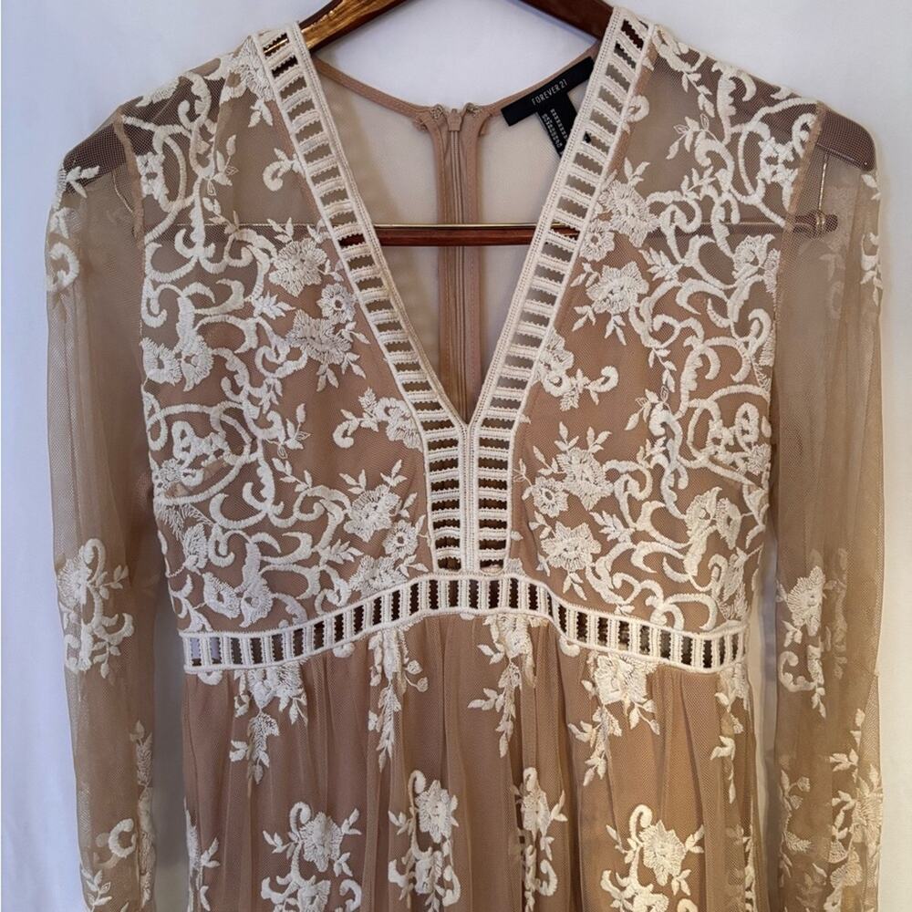Nude Beige Floral Embroidered Mesh Lace Long Sleeve Maxi Dress | M | - Picture 3 of 10